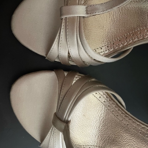 These are beautiful gold satin sandals. I love them!  Narrower… - Picture 7 of 7